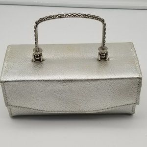 Vintage SILVER LAME Clutch Purse Handbag with Silver Tone Studded Handle